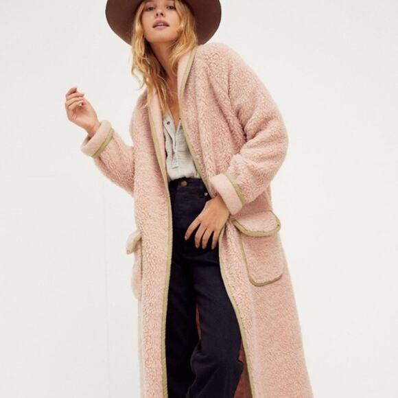 Free People Jackets & Blazers - FREE PEOPLE Duster Sherpa Teddy Bear Faux Shearling Coat Mauve Pink Maxi Med